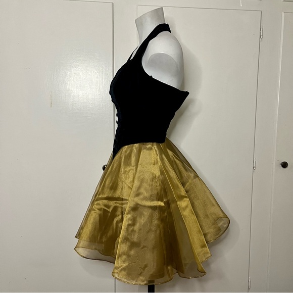 Vintage 80s De Laru Black Velvet Halter Gold Organza Skirt Mini Dress - Picture 4 of 8